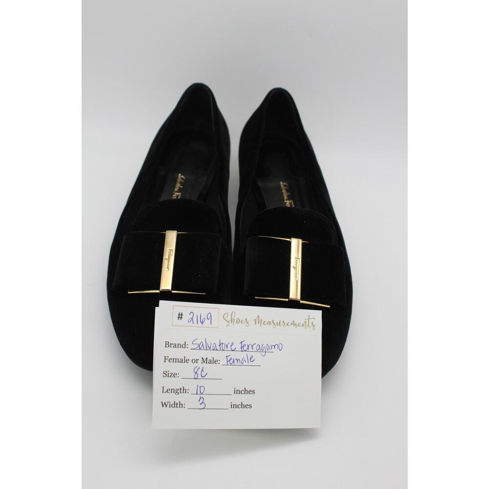 Salvatore Ferragamo Black Velvet Suede Gold Flats Flower Heel Shoes Size 8 - Picture 13 of 13
